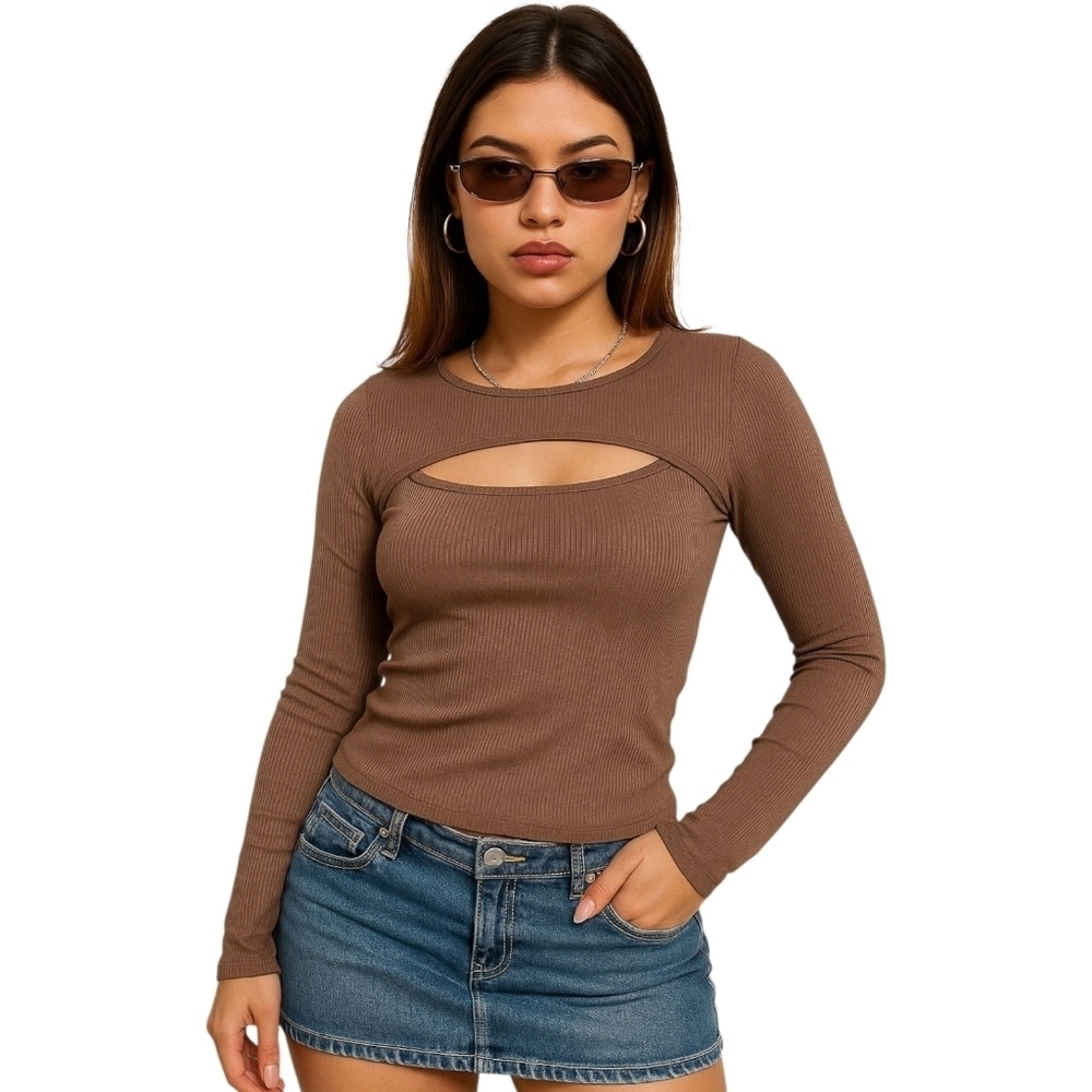 Y2K Ribbed Long Sleeve Top Chest Cutout Brown M Stretchy Fitted Baddie 2000s